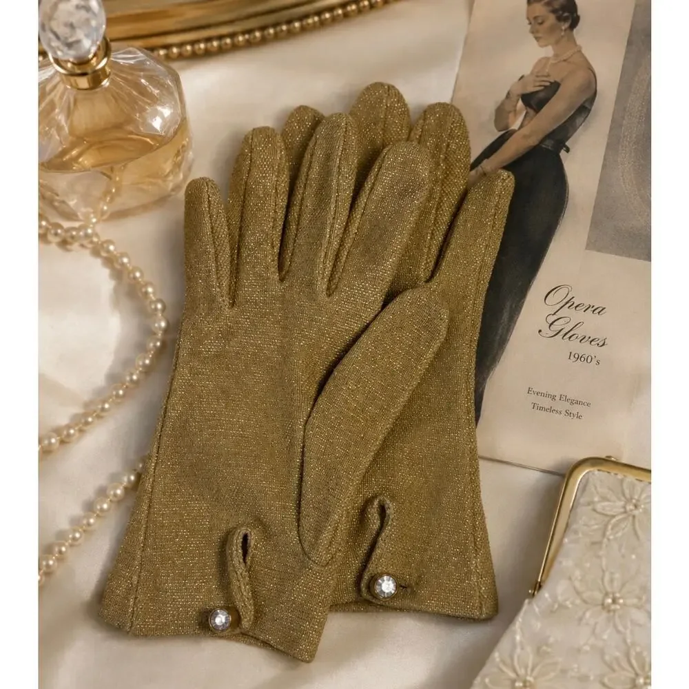 1960's Vintage Rhinestone Gold Tone Shimmery Opera Gloves. S/M Slight Stretch